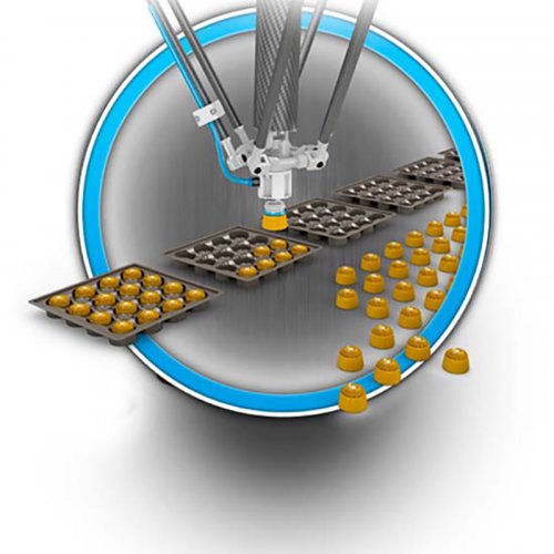 Multiple vision guided robot picking lines for the automatic picking of products arriving randomly from processing lines at high speeds to the picking area and placing them in a predefined position into trays or cartons