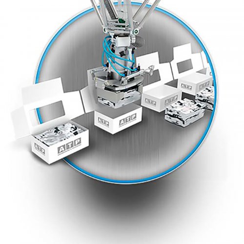 Compact top load cartoning machine, made by a top load carton erector, robot loading station plus product collating unit and 3 flaps closing unit.