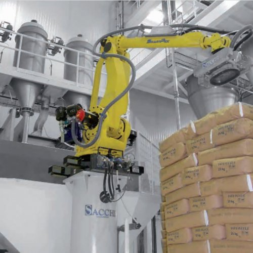 A robotic system that picks bags from one or more pallets, opens and empties them, and dose the powder or granules contents automatically following a recipe