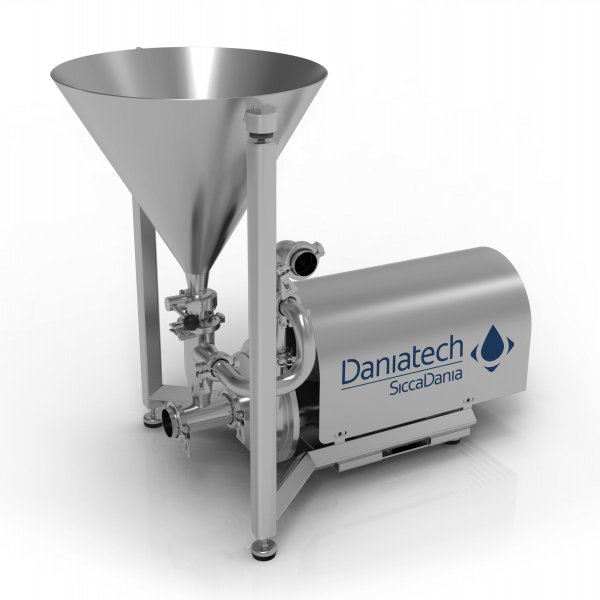 The Injectmaster is designed with an innovative injector which creates a strong suction of powder. During operation, the mixing wheel accelerates the liquid and creates pressure in the injector pipe, which draws the powder from the powder funnel. The amount of powder is controlled by a manual butterfly valve.